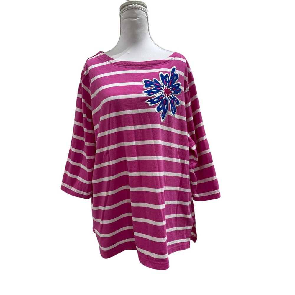 Bob Mackie Wearable Art Pink White Striped 3/4 Sleeve Embroidered Sunburst Top